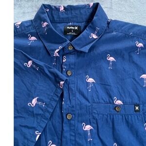 Hurley Mens Flamingo Print Short Sleeve Button Up Shirt Navy Blue Size L